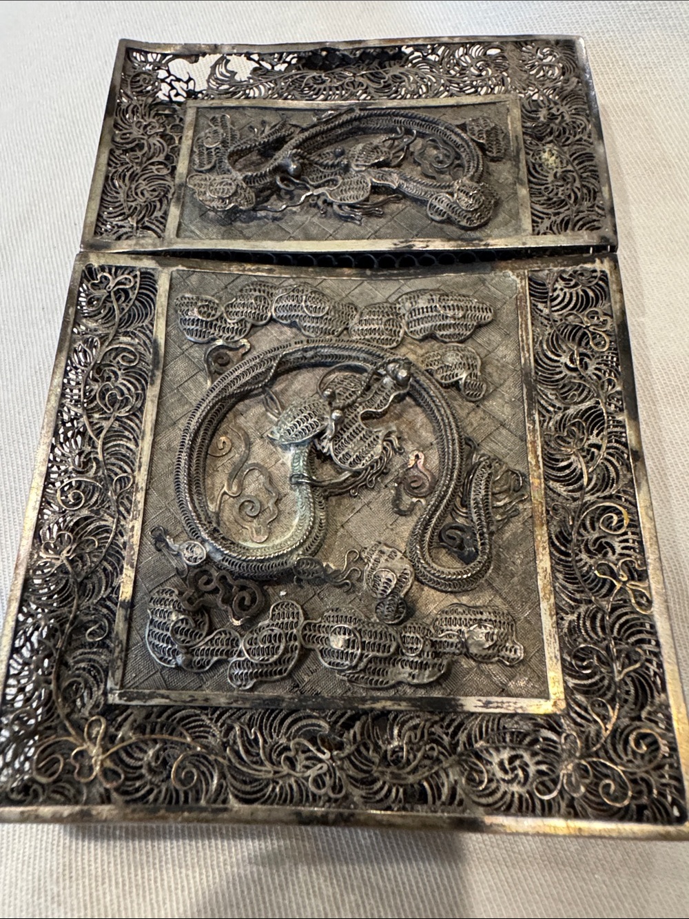 Rare Antique Chinese Export Silver Dragon Filigree Card Holder Case AS-IS